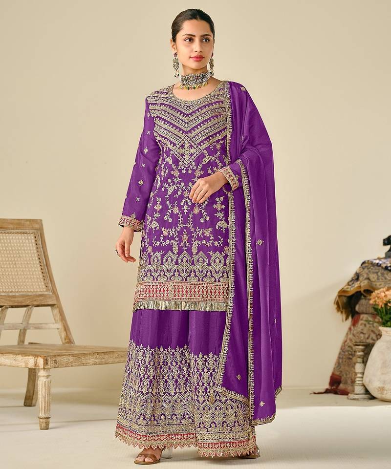 Purple chiffon sequins work semi stitched salwar suits suits size up to 42