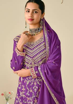 Purple chiffon sequins work semi stitched salwar suits suits size up to 42 2