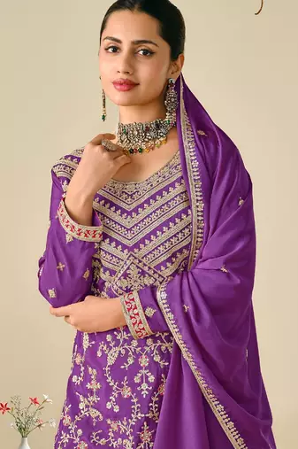 Purple chiffon sequins work semi stitched salwar suits suits size up to 42