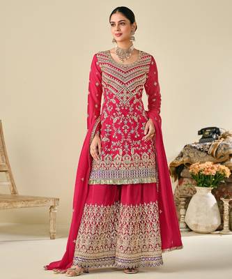 Pink chiffon sequins work semi stitched salwar suits suits size up to 42 1