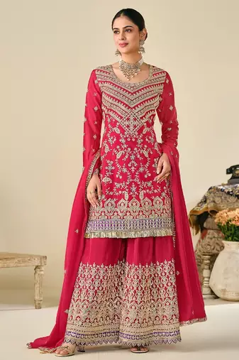 Pink chiffon sequins work semi stitched salwar suits suits size up to 42