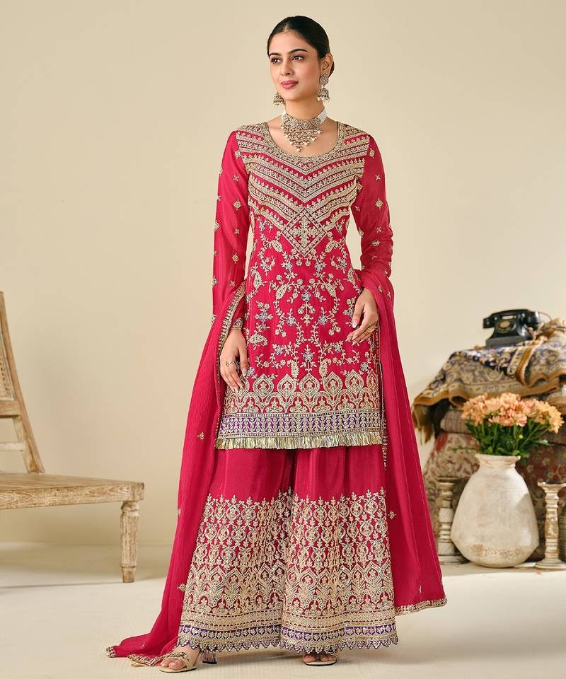 Pink chiffon sequins work semi stitched salwar suits suits size up to 42