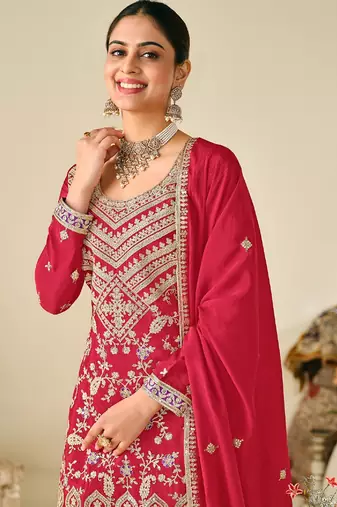 Pink chiffon sequins work semi stitched salwar suits suits size up to 42