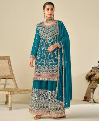 Turquoise chiffon sequins work semi stitched salwar suits suits size up to 42 1