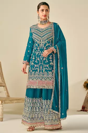Turquoise chiffon sequins work semi stitched salwar suits suits size up to 42