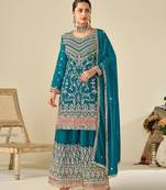 Turquoise chiffon sequins work semi stitched salwar suits suits size up to 42