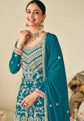 Turquoise chiffon sequins work semi stitched salwar suits suits size up to 42 2