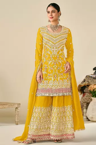 Yellow chiffon sequins work semi stitched salwar suits suits size up to 42