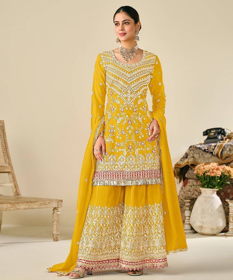 Yellow chiffon sequins work semi stitched salwar suits suits size up to 42