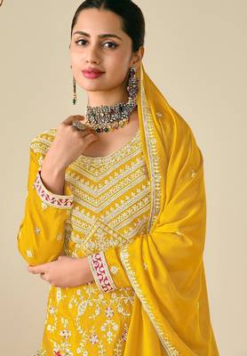 Yellow chiffon sequins work semi stitched salwar suits suits size up to 42 2