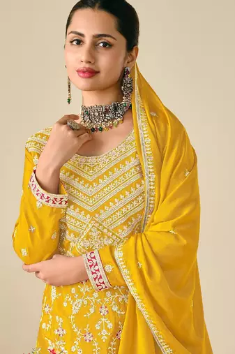 Yellow chiffon sequins work semi stitched salwar suits suits size up to 42