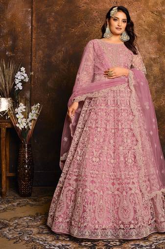 Pink net hand embroidery semi stitched salwar suits suits size up to 42