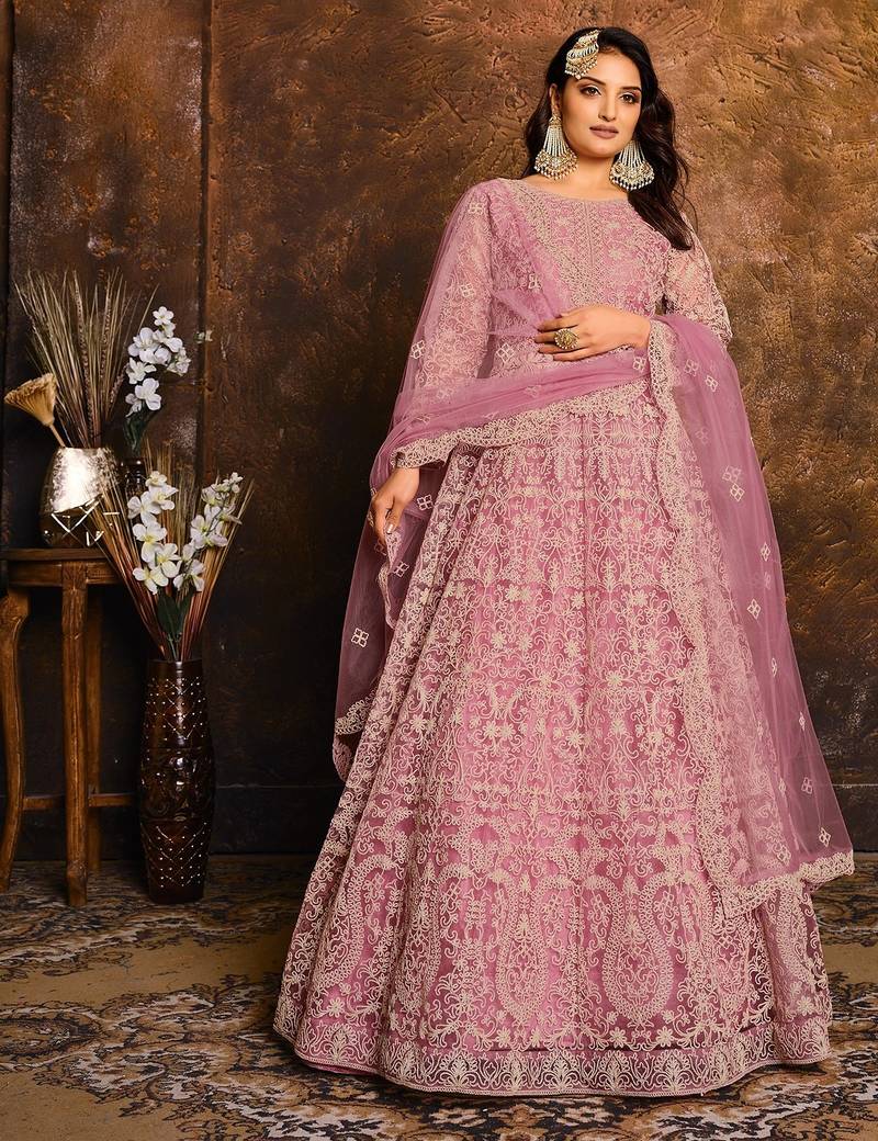 Pink net hand embroidery semi stitched salwar suits suits size up to 42