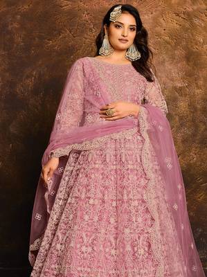 Pink net hand embroidery semi stitched salwar suits suits size up to 42 2