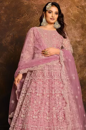 Pink net hand embroidery semi stitched salwar suits suits size up to 42