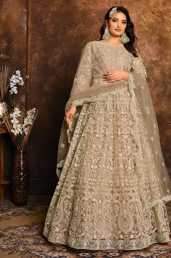Beige net hand embroidery semi stitched salwar suits suits size up to 42