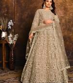Beige net hand embroidery semi stitched salwar suits suits size up to 42