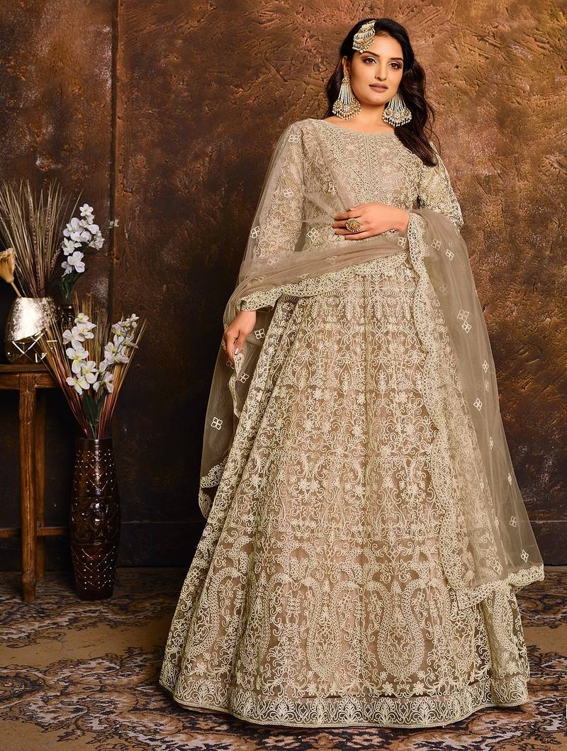Beige net hand embroidery semi stitched salwar suits suits size up to 42