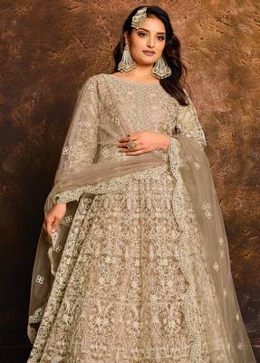 Beige net hand embroidery semi stitched salwar suits suits size up to 42 2
