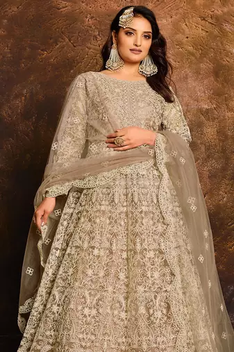 Beige net hand embroidery semi stitched salwar suits suits size up to 42
