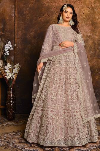 Lavender net hand embroidery semi stitched salwar suits suits size up to 42