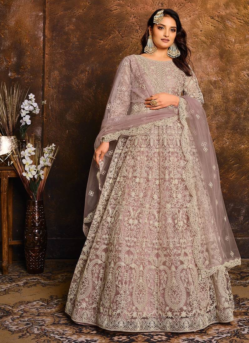 Lavender net hand embroidery semi stitched salwar suits suits size up to 42