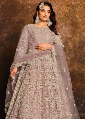 Lavender net hand embroidery semi stitched salwar suits suits size up to 42 2