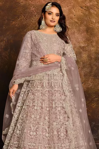 Lavender net hand embroidery semi stitched salwar suits suits size up to 42