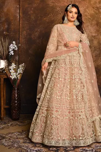 Peach net hand embroidery semi stitched salwar suits suits size up to 42