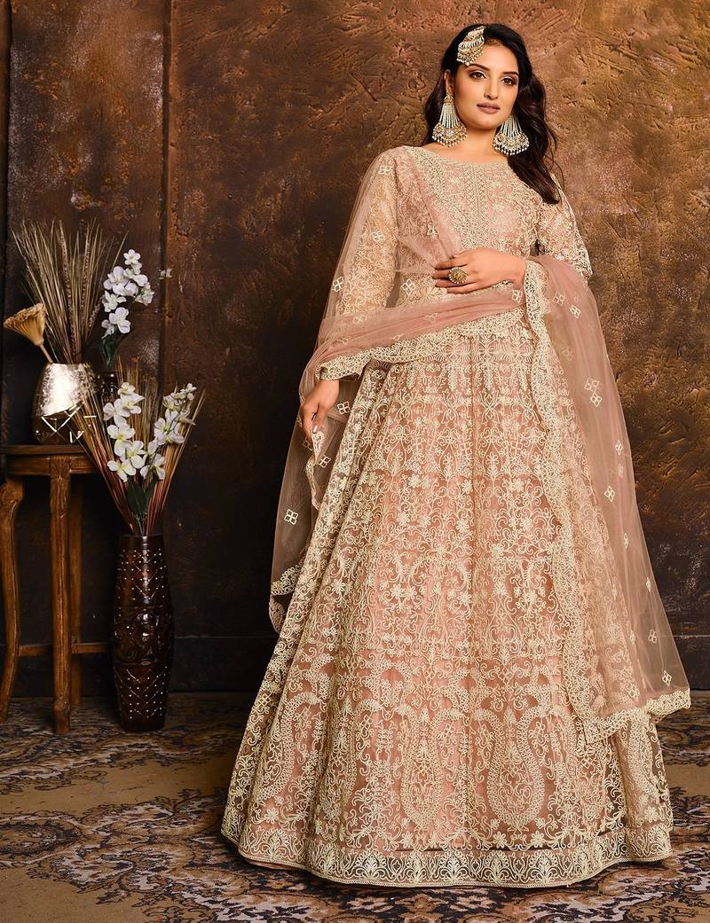 Peach net hand embroidery semi stitched salwar suits suits size up to 42