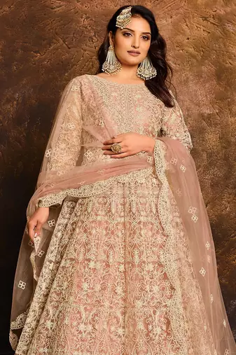 Peach net hand embroidery semi stitched salwar suits suits size up to 42