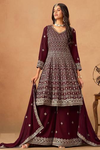 Maroon georgette mirror work semi stitched salwar suits suits size up to 42