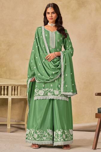 Green chiffon hand embroidery semi stitched salwar suits suits size up to 42