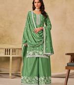 Green chiffon hand embroidery semi stitched salwar suits suits size up to 42