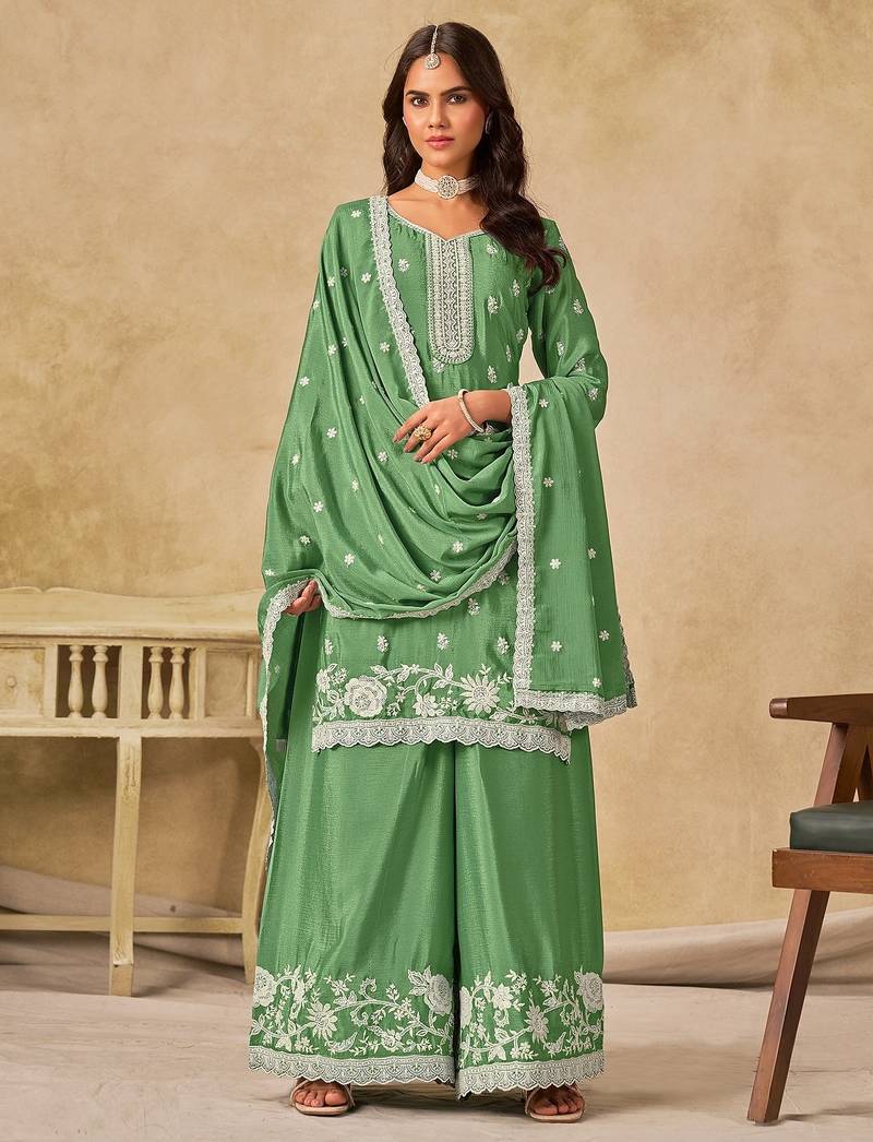 Green chiffon hand embroidery semi stitched salwar suits suits size up to 42