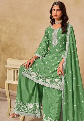 Green chiffon hand embroidery semi stitched salwar suits suits size up to 42 2
