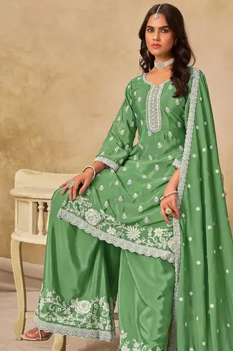 Green chiffon hand embroidery semi stitched salwar suits suits size up to 42