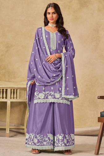 Lavender chiffon hand embroidery semi stitched salwar suits suits size up to 42