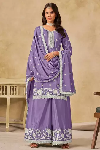 Lavender chiffon hand embroidery semi stitched salwar suits suits size up to 42