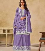 Lavender chiffon hand embroidery semi stitched salwar suits suits size up to 42