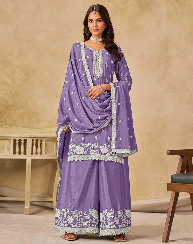 Lavender chiffon hand embroidery semi stitched salwar suits suits size up to 42