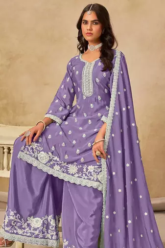 Lavender chiffon hand embroidery semi stitched salwar suits suits size up to 42