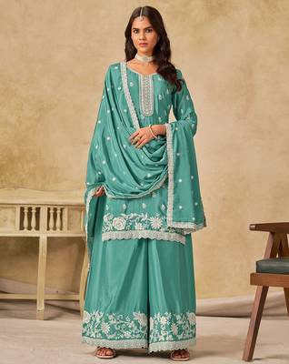 Sea green chiffon hand embroidery semi stitched salwar suits suits size up to 42 1