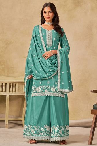 Sea green chiffon hand embroidery semi stitched salwar suits suits size up to 42