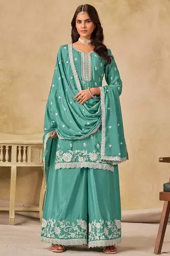 Sea green chiffon hand embroidery semi stitched salwar suits suits size up to 42