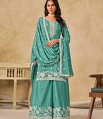 Sea green chiffon hand embroidery semi stitched salwar suits suits size up to 42