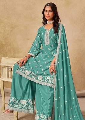 Sea green chiffon hand embroidery semi stitched salwar suits suits size up to 42 2