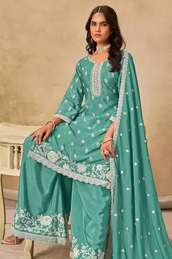 Sea green chiffon hand embroidery semi stitched salwar suits suits size up to 42