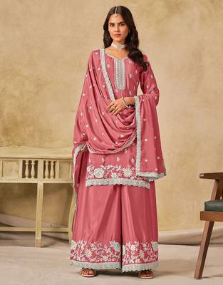 Peach chiffon hand embroidery semi stitched salwar suits suits size up to 42 1
