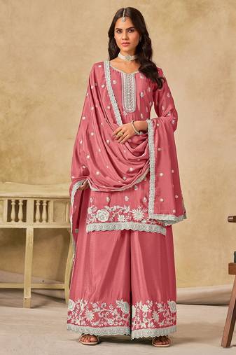 Peach chiffon hand embroidery semi stitched salwar suits suits size up to 42